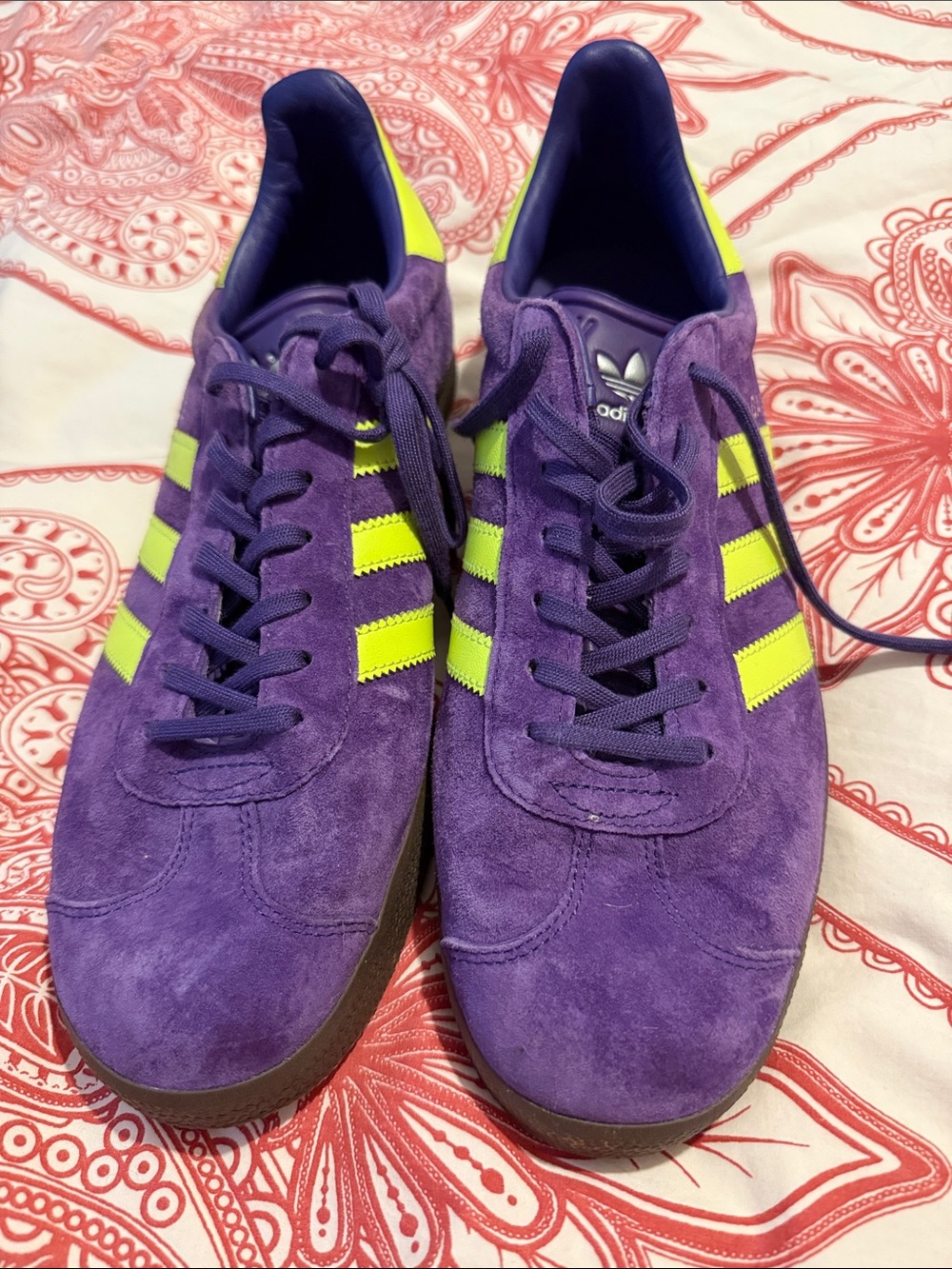 adidas Men’s Purple Suede Gazelle Sneakers with Neon Yellow Stripes